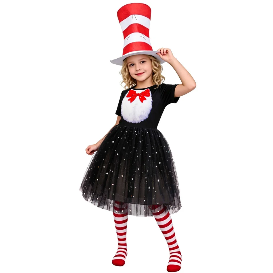 Kinder-Katzenkostüm mit Hut, Pailletten-Netz-Prinzessinnenkleid, Kinder-Bühnenkostüm, Mädchen-Halloween-Karneval-Partykleid – Detail 10
