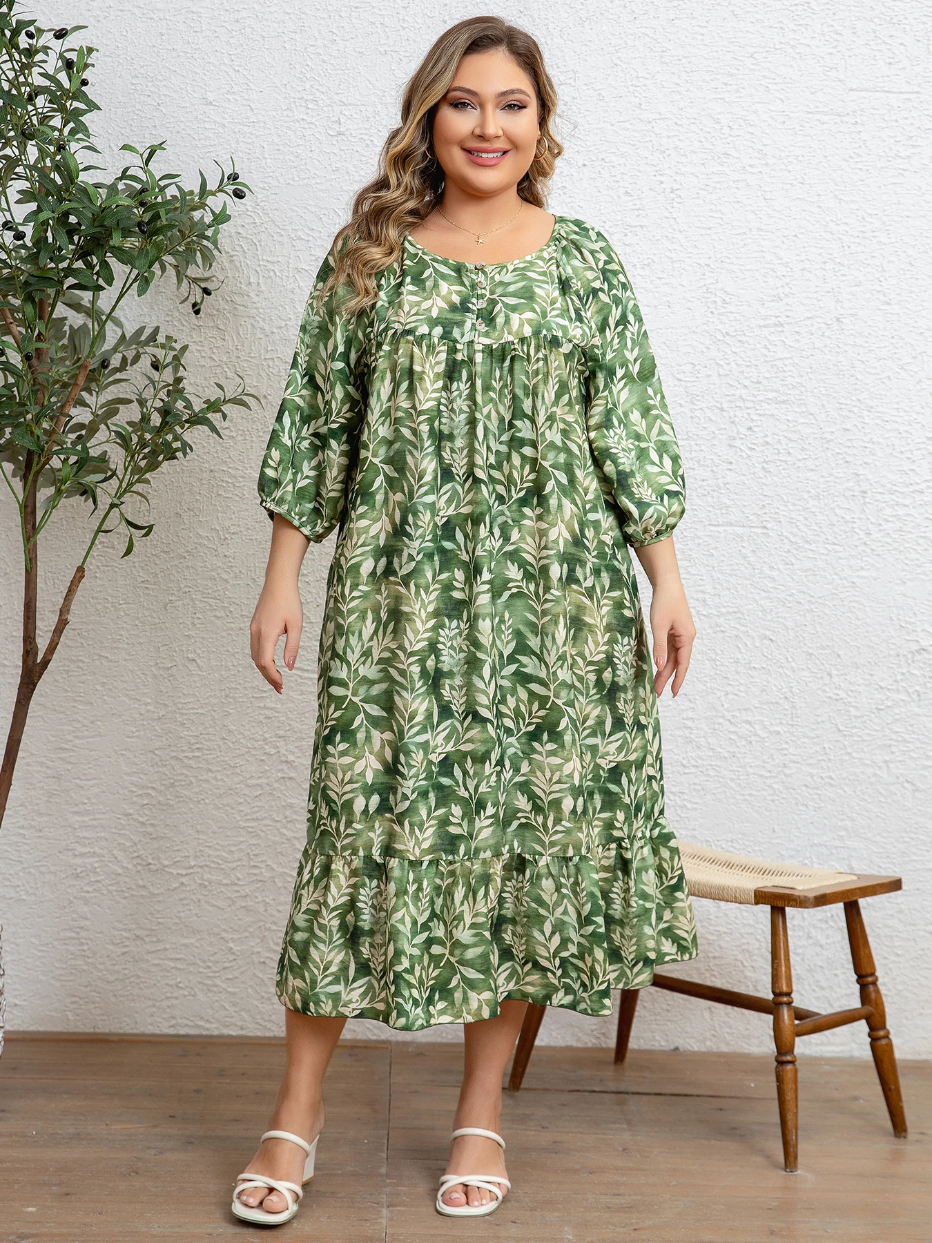 Plus Size Women's Retro  Leaf Print Crew Neck Half Sleeve Ruffled Hem Dress