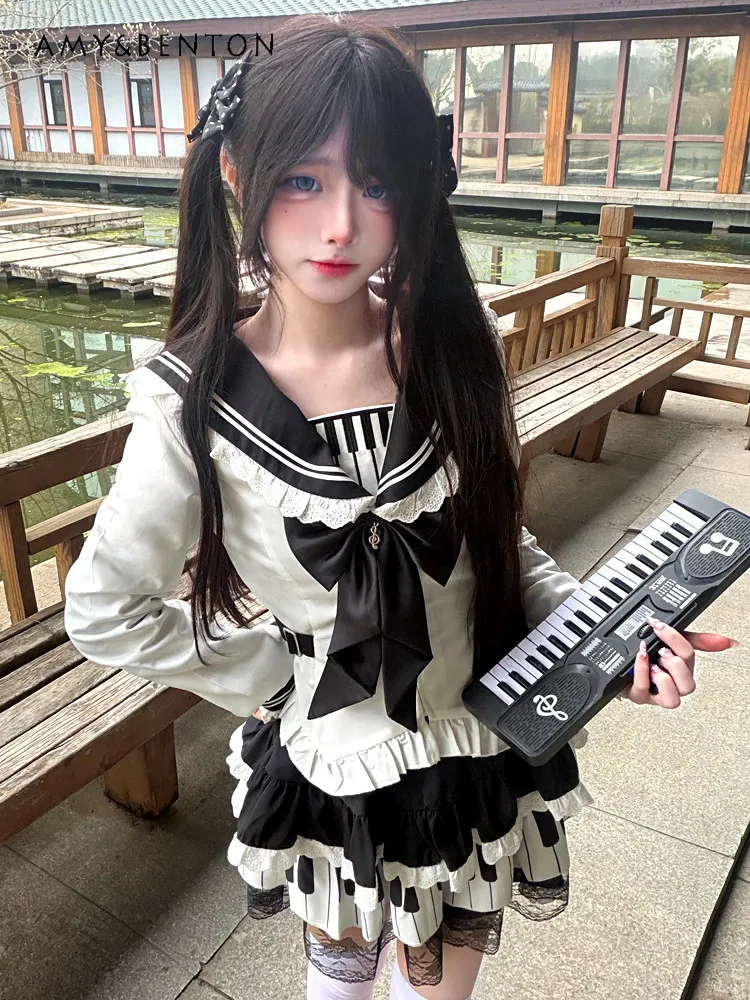 

Комплект униформы в стиле Y2K для девушек: милая блузка с длинным рукавом и кружевным воротником в стиле колледж, юбка-пачка, готический комплект из двух предметов для женщин