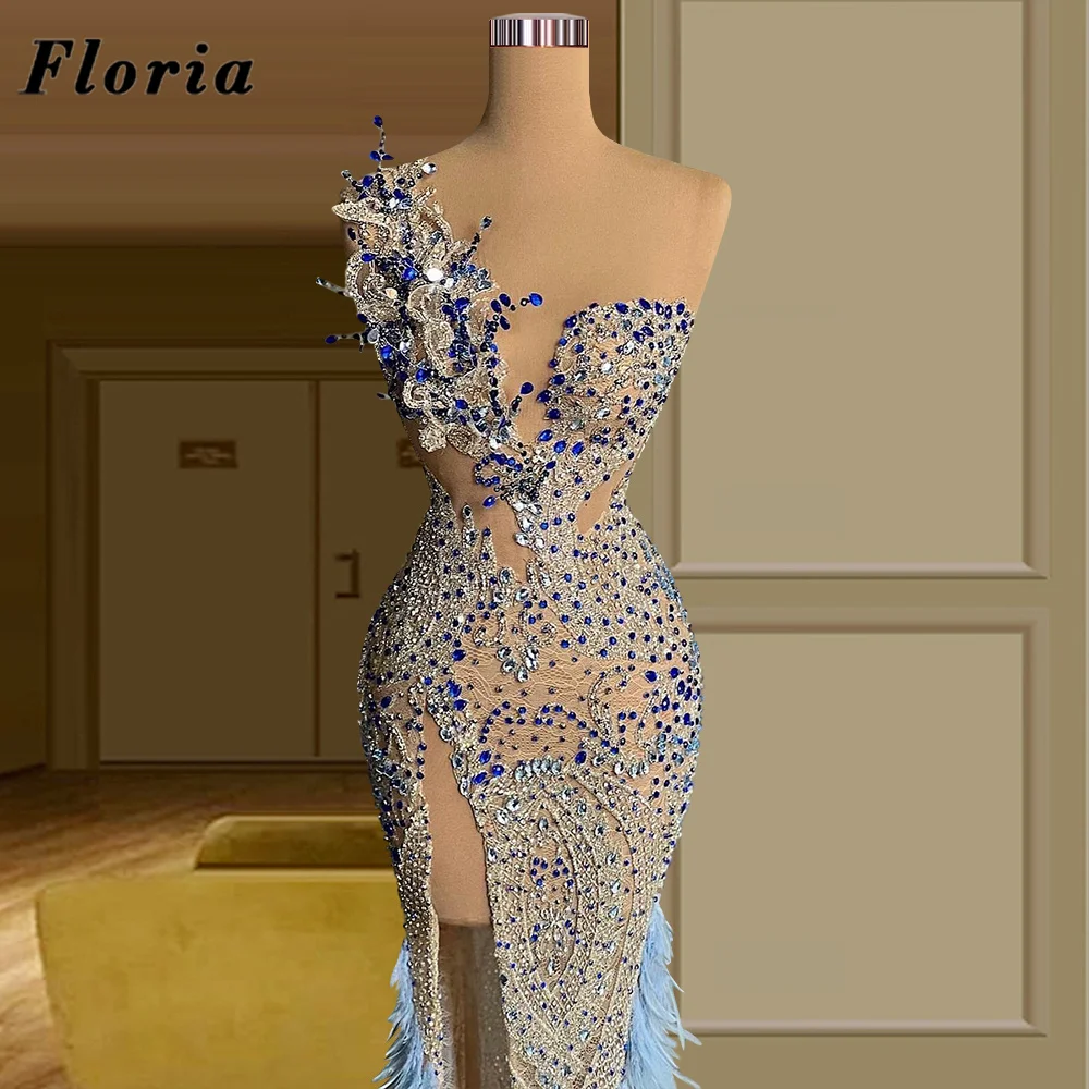 Floria Sexy Mermaid Evening Gowns 2023 New Fashion Blue Feathers Long Prom Dress High Split Side Women Party Dresses For Wedding