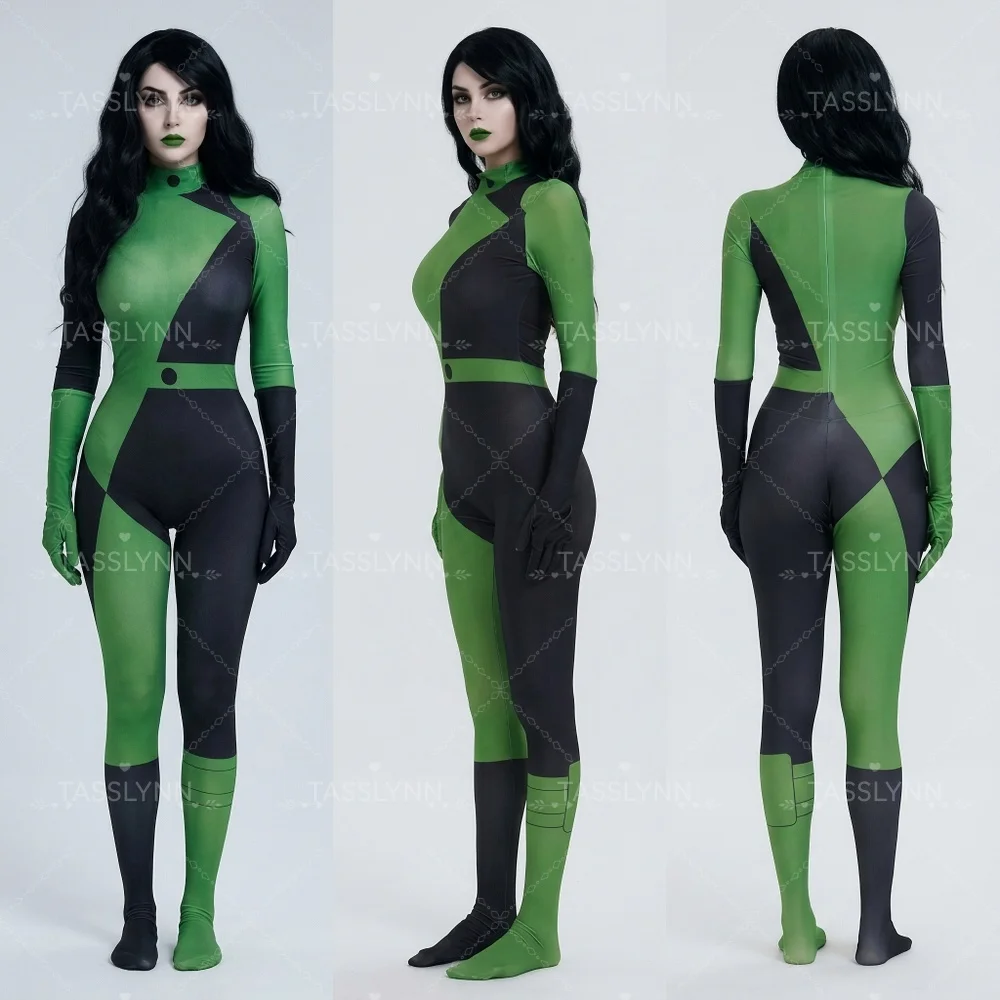 Shego Cosplay Black Green Full Body Jumpsuit Superhero Villain Costume for Halloween Superhero Villain Costume Zentai Bodysuit