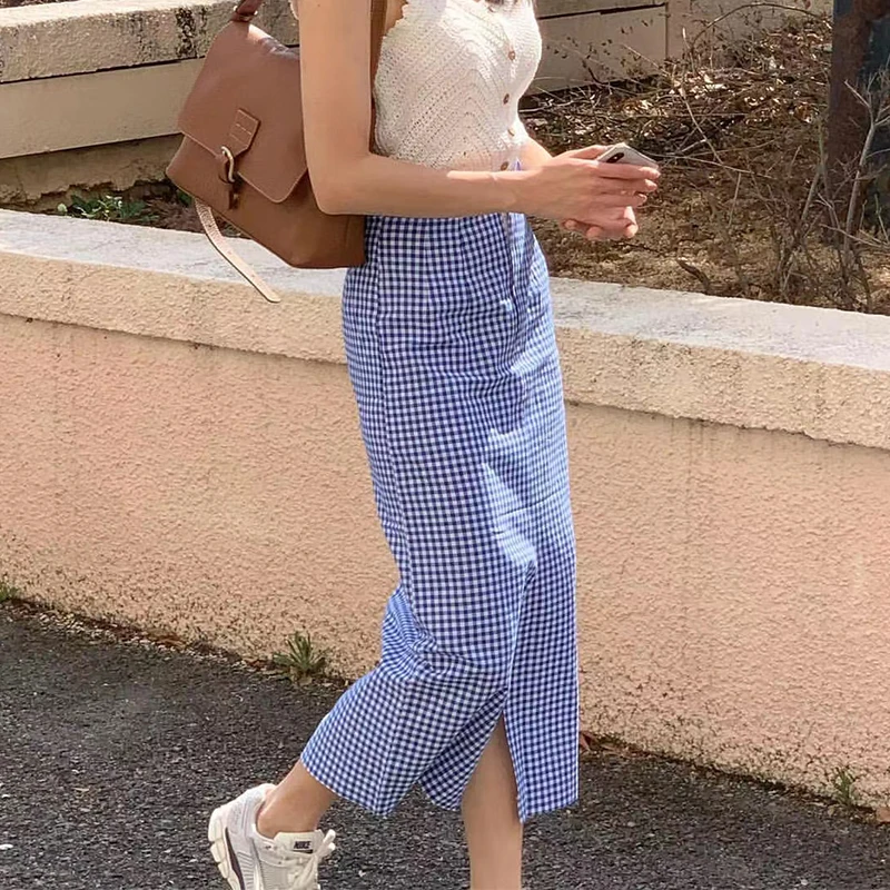 Estilo coreano cintura alta xadrez  saia moda fena verão chique um botão design fenda versátil meia crimento saia