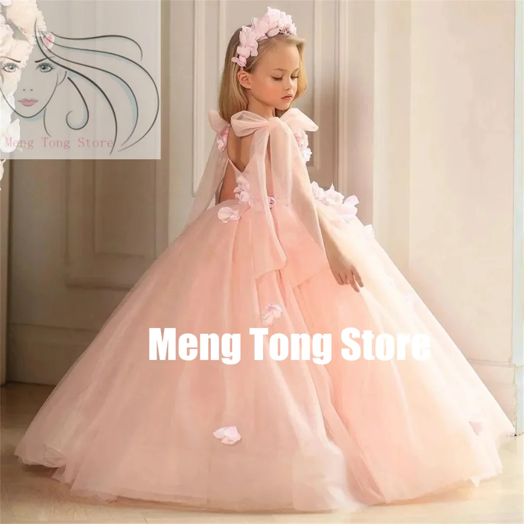 Flower Girl Dresses For Wedding 3D Applique Sleeveless Tulle Fluffy Kids Princess Birthday Party First Communion Dresses Pageant