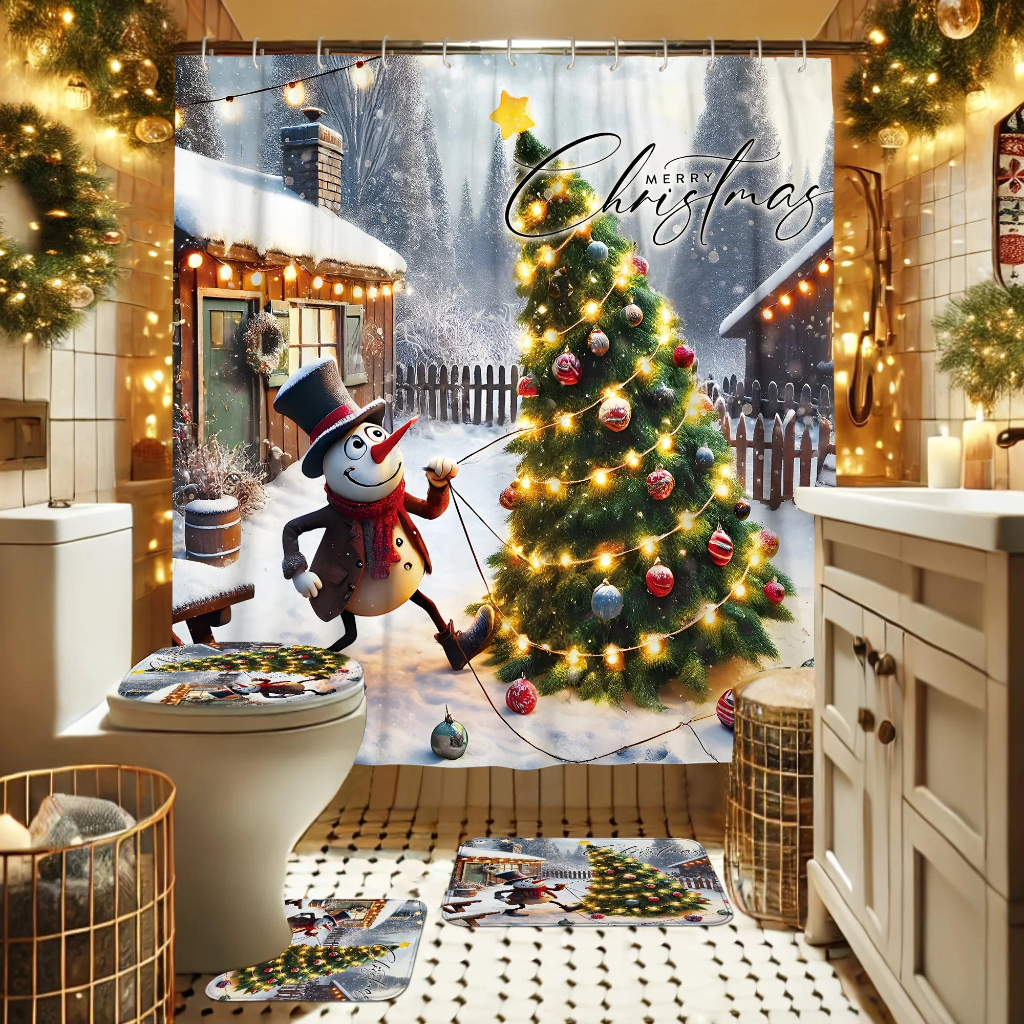 4Pcs Christmas Tree Snowman Shower Curtain Set, Bright Green Yellow Red with 12 Hooks, Non-slip Mat & Toilet Lid Pad, Xmas Gift