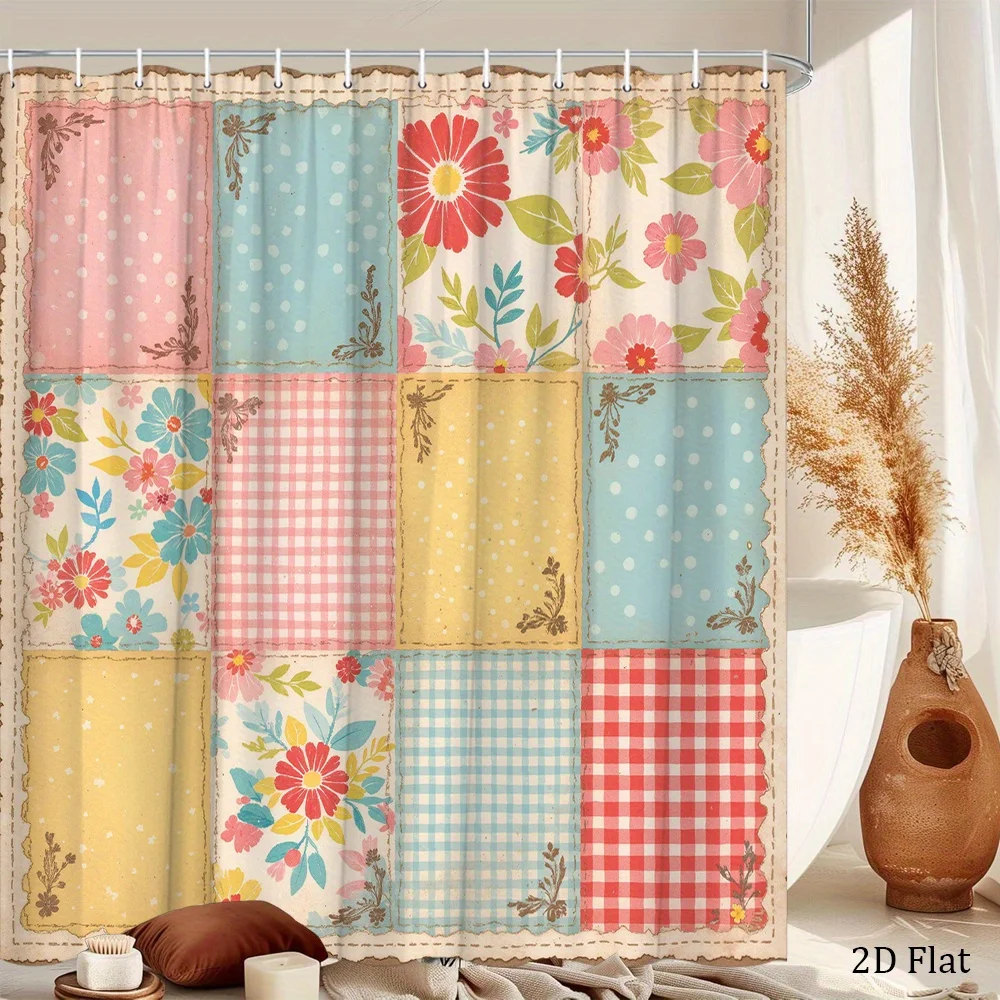 Vintage Floral Patchwork Shower Curtain Waterproof Bathroom Decor Grid Design Cottage Style Novelty Curtain for Kids and Home