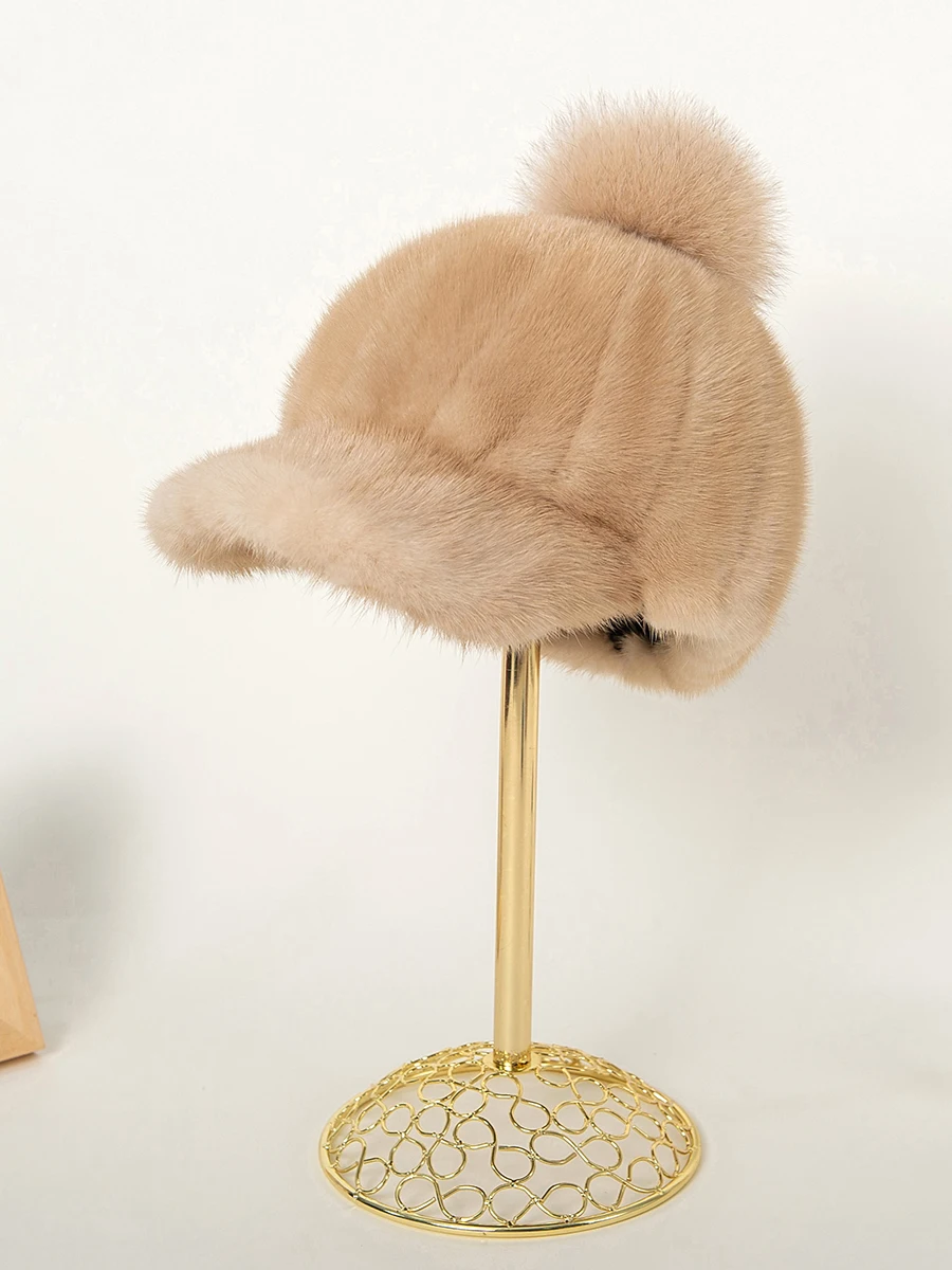 Lady Fur Hat Real Mink Fur Hats for Women High Quality Basketball Cap for Winter Genuine Fox Fur Pompom Ball