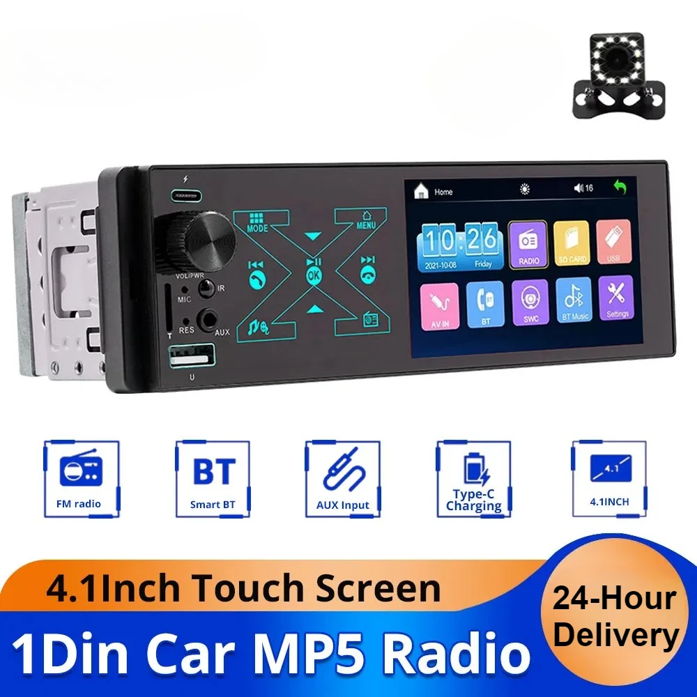 

4,1-дюймовый автомобильный радиоприемник MP5, мультимедийный плеер, 60 Вт*4, универсальный, с Bluetooth, камерой заднего вида, сенсорным экраном, входом AUX, зарядкой Type-C