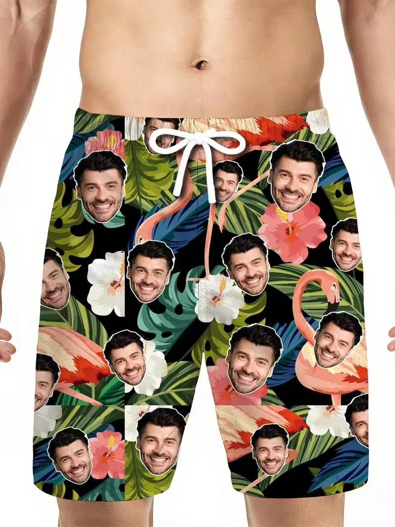 Custom Face Beach Shorts For Men 3D Digital Print Surfing Hawaiian Shorts Quick-Drying Lightweight Comfortable Swim Trunks