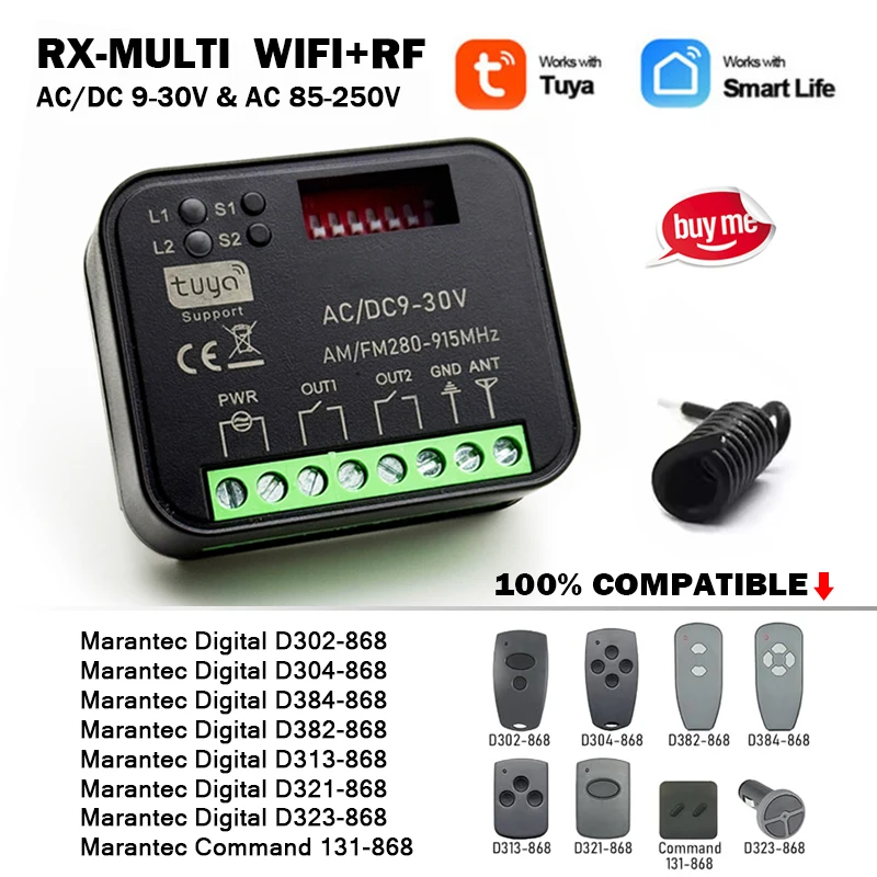 

New Tuya RX MULTI 300 to 868 MHz WIFI Receiver For MARANTEC Digital 382 384 302 304 313 321 323 868MHz Gate Remote Control
