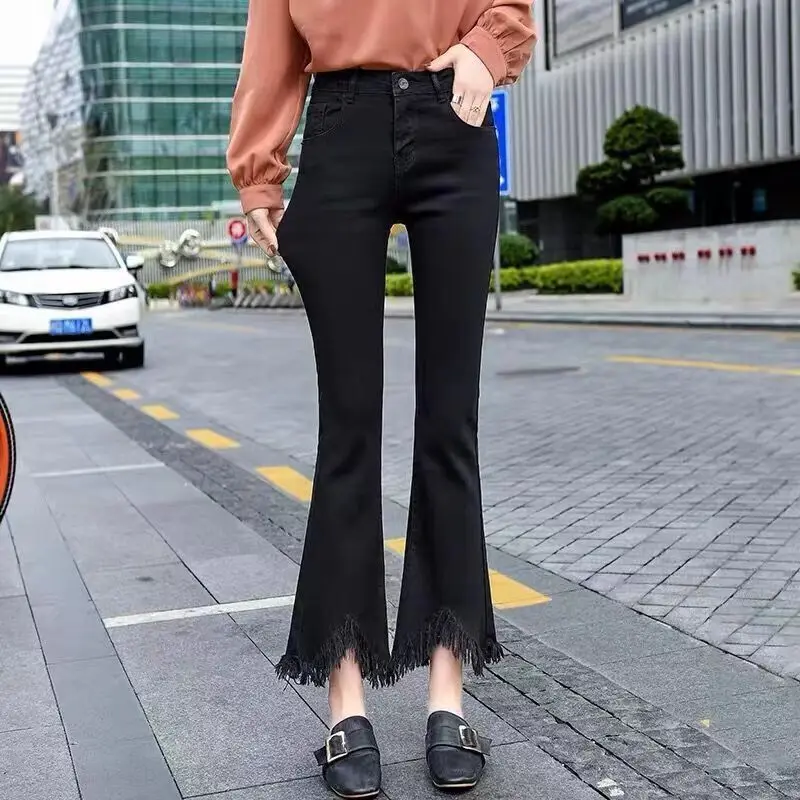 

Black High Waist Slimming Stretchy Flared Jeans Women Summer Thin Cotton Elastic Slit Ankle Length Fringed Denim Pants