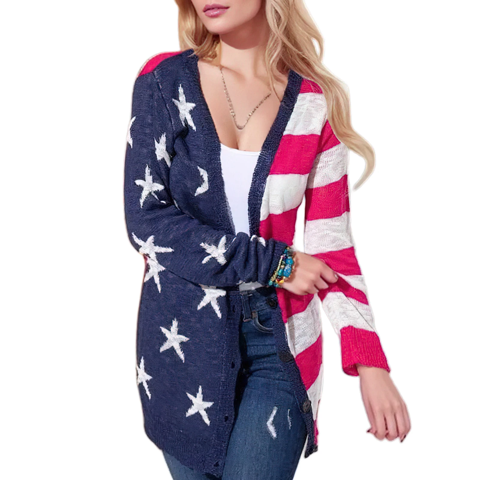 2024 Women's American Flag Cardigan 4th of July Sweater Women's Cardigan Sweaters Oversized Open Front Button Cardigan