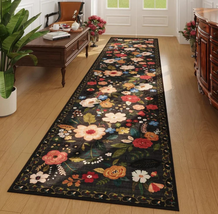 

Black Flowers Long Rugs Hallways Kitchen Runner Rug Floral Carpet Runner for Kitchen Laundry Bedroom Bathroom Home Decoration