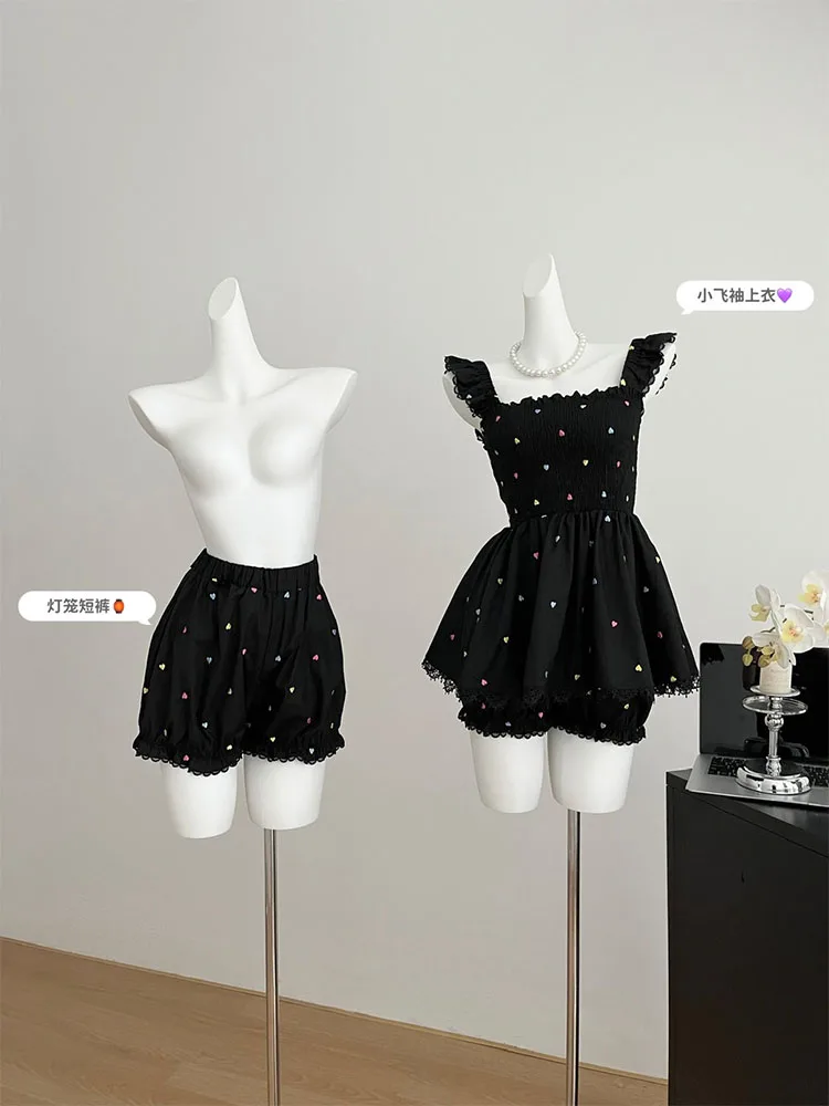 Elegant Fashion Outfits 2 Piece Skirts Set Square Collar Flying Sleeve Polka Dot Slim Camisole + Women Y2k Elastic Waist Shorts