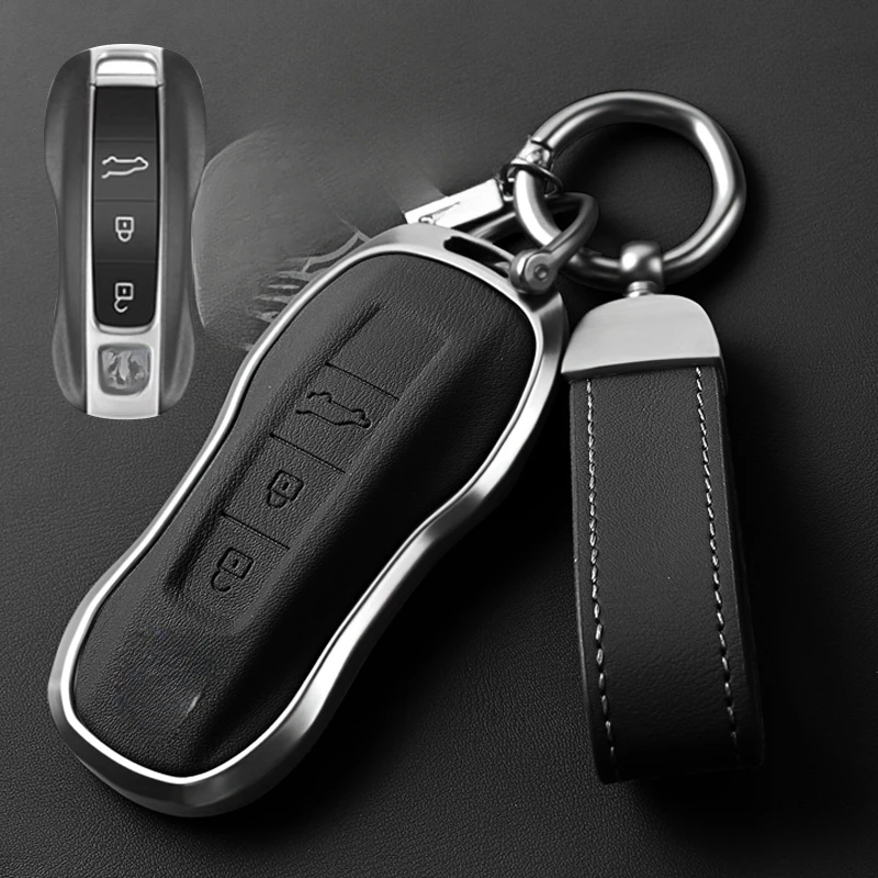 

Suitable for Porsche Panamera 718 911 Aluminum Alloy + Leather Car Remote Key Case Cover Anti Scratch and Wear-resistant