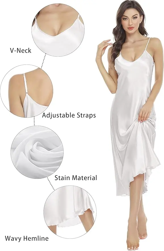 Camisón de Mujer con Tirantes Finos y Cuello en V, Elegante, Lujoso, Cómodo, Transpirable, Ropa de Dormir Relajante, Estilo Clásico para el Día a Día