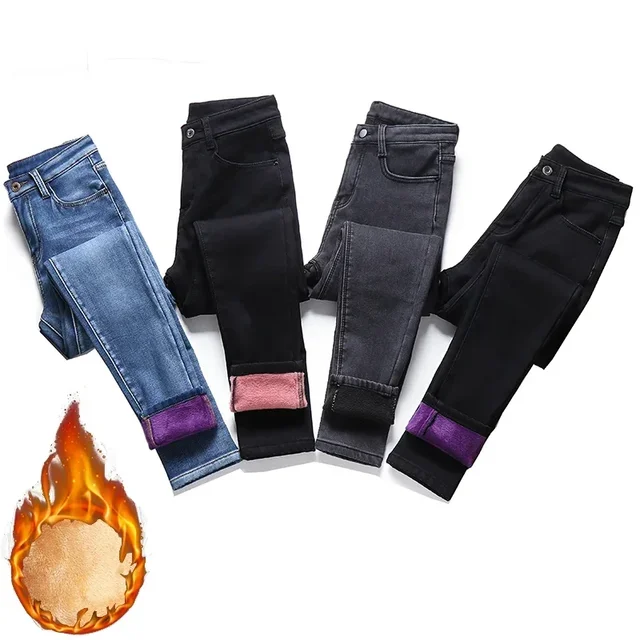 Damskie termiczne jeansy skinny Mama Zimowe ciepłe pluszowe jeansy damskie Polarowe spodnie jeansowe Student Ołówkowe spodnie z prostymi nogawkami
