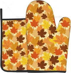 Oven Mitt and Pot Holders 2 Piece Set Fall Harvest Autumn Seasonal Leave Leaf Non-Slip BBQ Gloves for Kitchen Cooking Baking