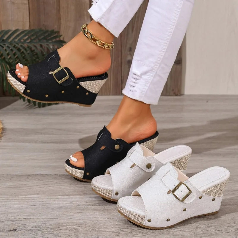 

Summer Espadrille Women's Platform Wedge Slippers Mules Adjustable Buckle Open Toe Sandals Decor Casual Shoes chinelo feminino