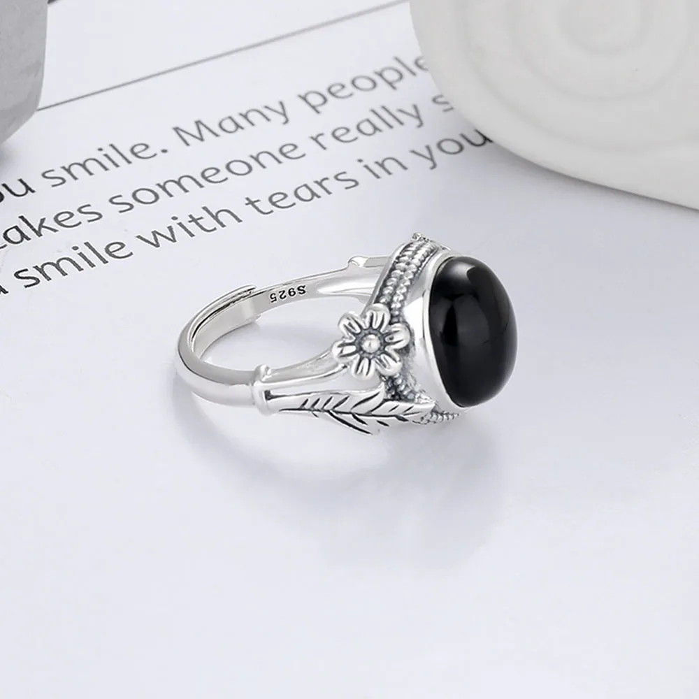 S925 Sterling Silver Leaf Flower Egg Shaped Black Zircon Ring Vintage Art Palace Yanfeng Temperament Index Finger Ring