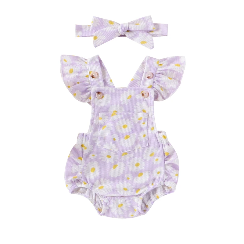 

Newborn Baby Girls Summer Romper Daisy Print Flying Sleeve Waffle Square Neck Jumpsuit Bow Headband Infant Clothes