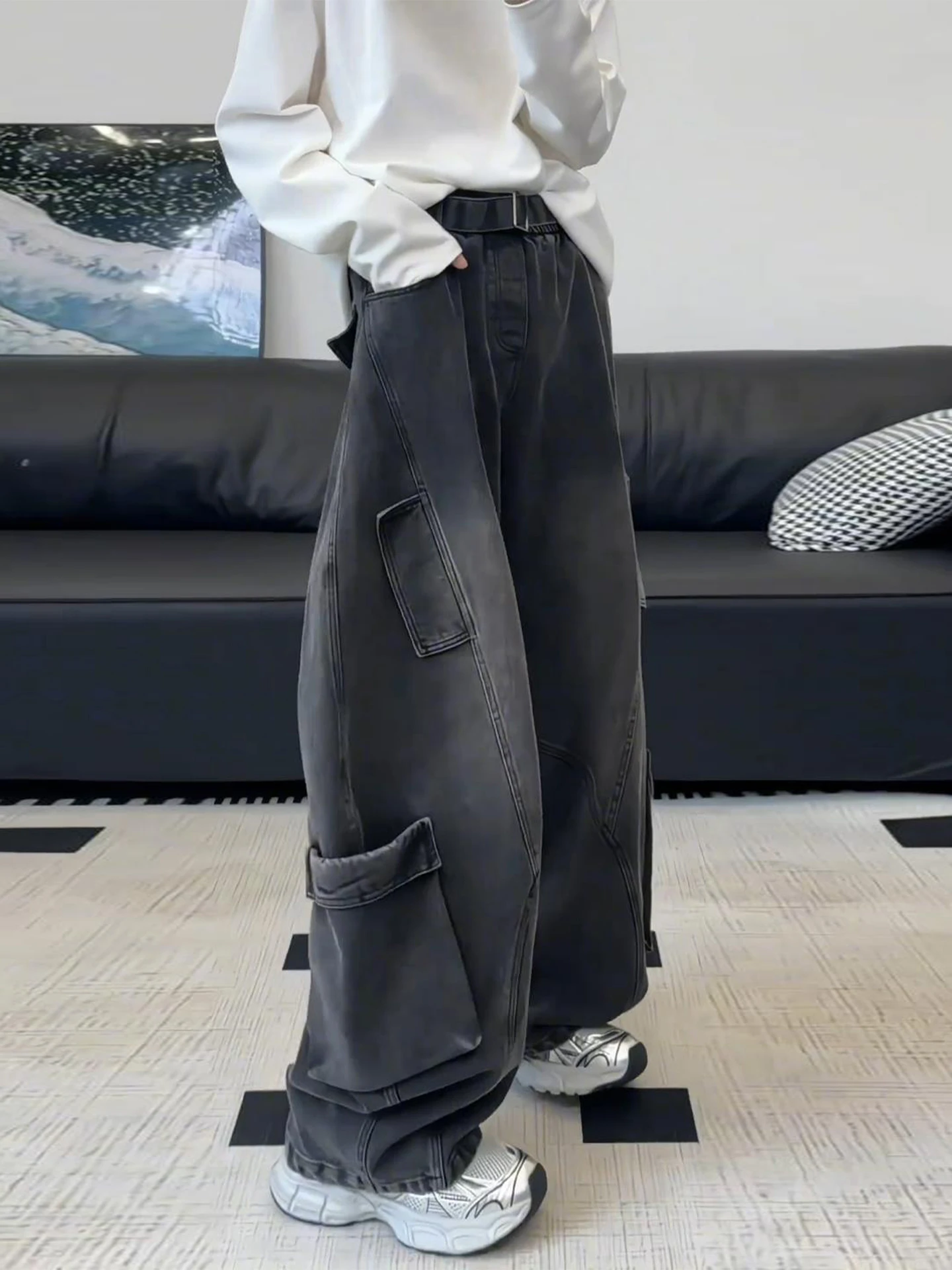 

Bla Multi-ket Knife Denim Jeans Men's High Street Drapey Wide Leg Pants Cleanfit Fall Season American Sle