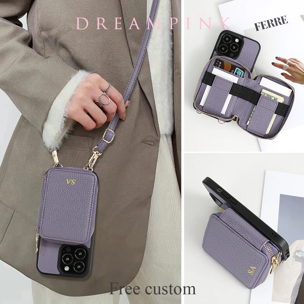 Personalize Letters Women Leather Phone Case Wallet With Long Strap Fashion Custom Name Female Card Wallet Moblie Shoulder Bag