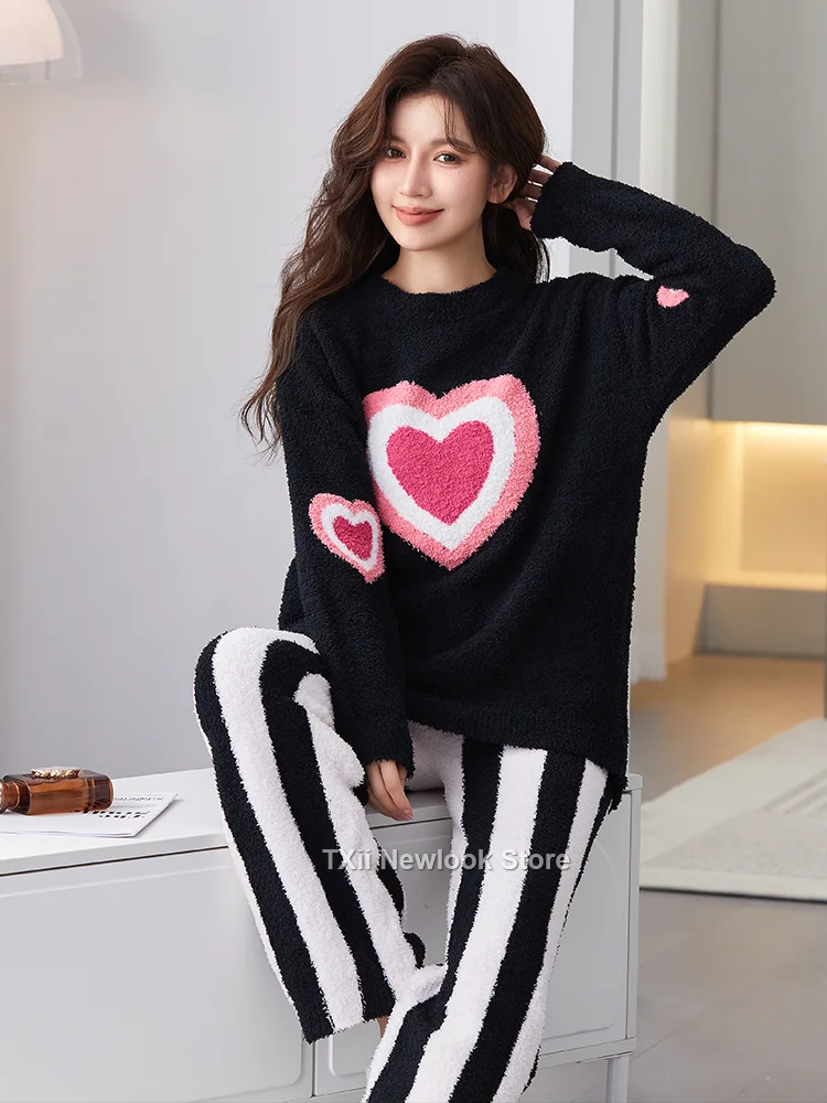 [TXii ]Autumn and Winter New Pajamas Women's Coral Velvet Love Winter Soft Half-side Velvet Home Clothes Thin Velvet Suit