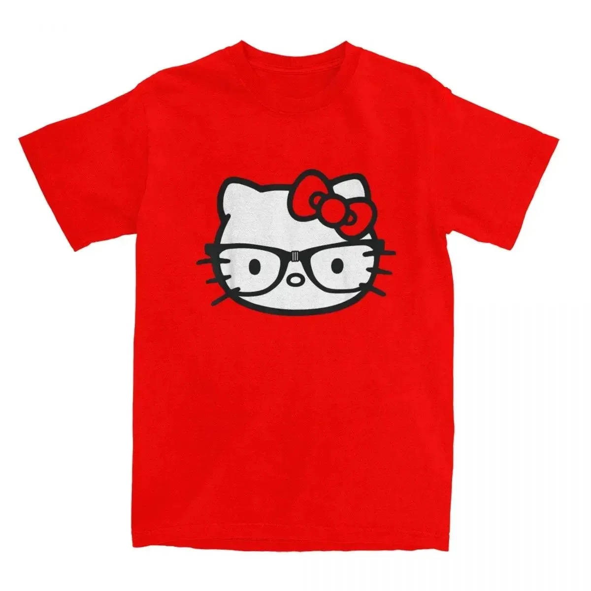 Hello Kitty noir et blanc Nerd lunettes t-shirts hommes femmes pur coton homme T-Shirt col rond t-shirts à manches courtes hauts imprimés