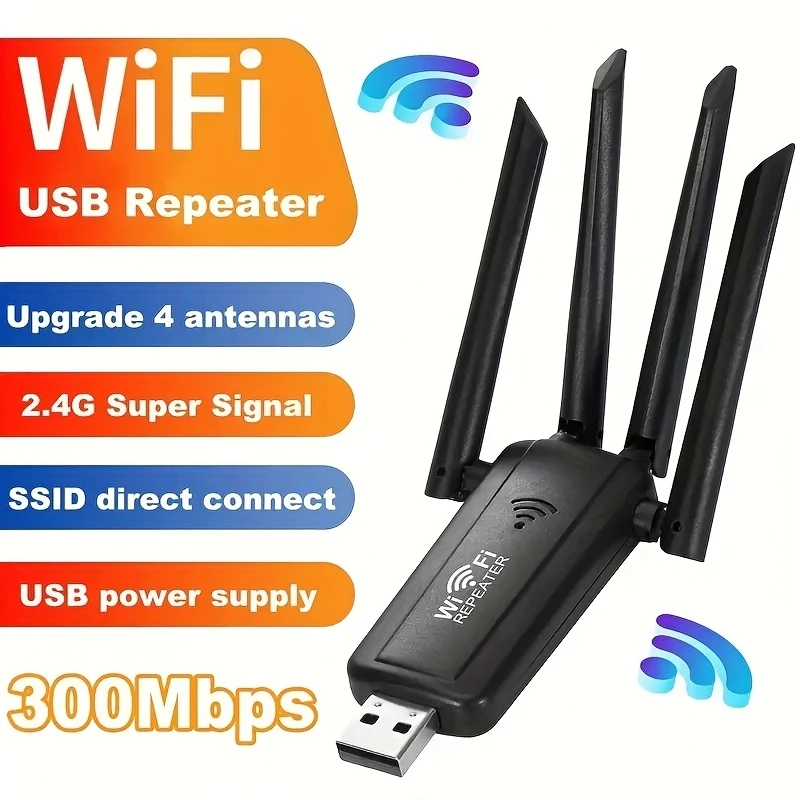 

Regaton High-Power USB Wifi Signal Booster with 4 Antennas - 300Mbps, 2.4G Repeater For Ideal for Office And Home Computers