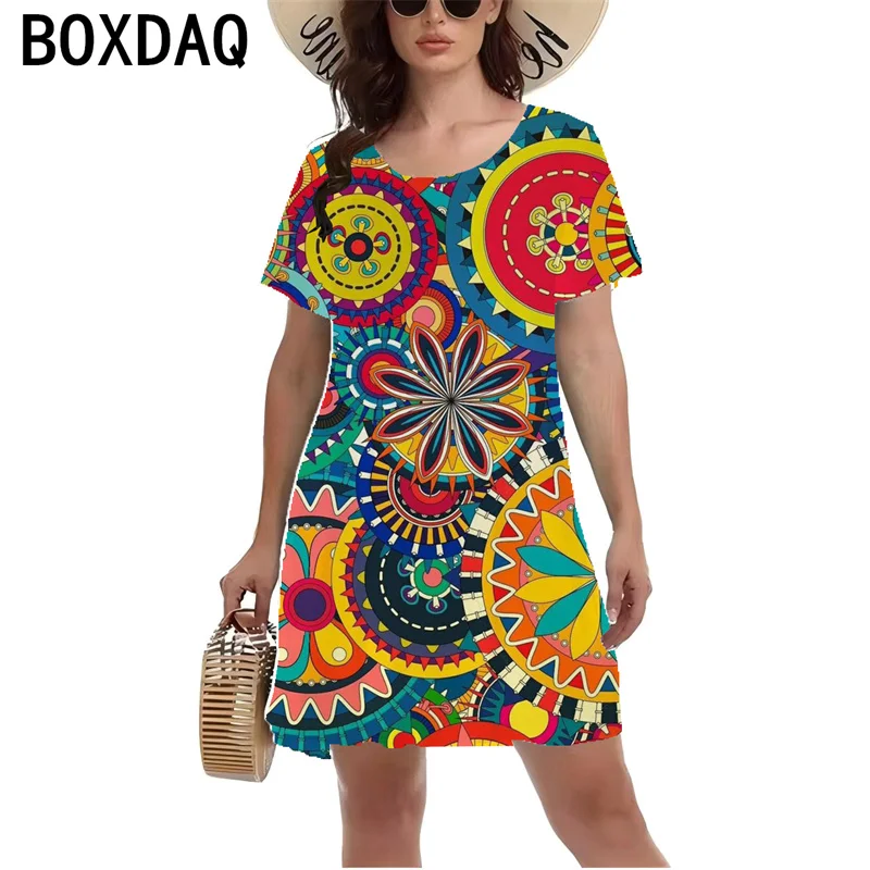 Women's Clothing Element 3D Featured Floral Printed Dress Summer Short Sleeve O-Neck Casual A-Line Dress Vestidos De Mujer