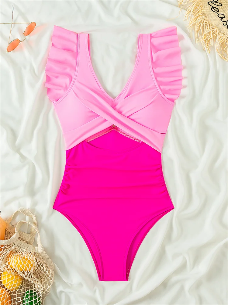 Eendelig Dames Uitgehold Badkleding 2024 Nieuw V-Hals Badpak Met Ruches Sexy Monokini Zomer Bodysuit Badpak Voor Dames