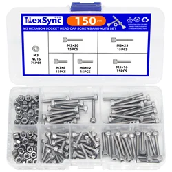 150PCS M3 Hexagon Socket Head Cap Screws And Nuts Set M3x8, M3x12, M3x16, M3x20, M3x25 For Small DIY Repair Projects