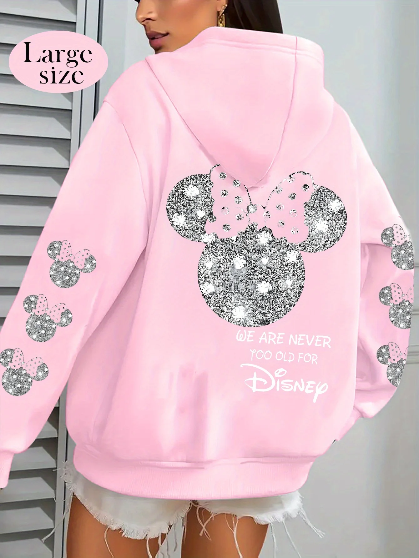Dames Disney katoenfleece hoodie roze kleur grote rug Minnie Head glitter strik- en mouwpatronen losse pasvorm ​
