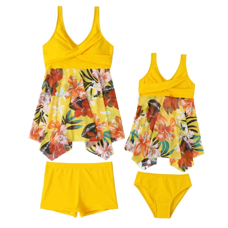 New Mother-Daughter Swimwear Sets Summer Floral Print Matching Swimsuits Girls' Casual Swim Clothes 2Piece Children's Beachwear