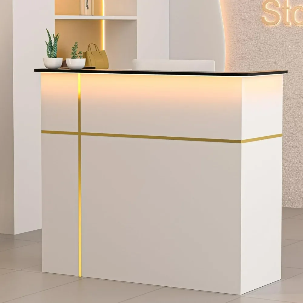 Reception Desk with Counter, Modern Front Table Equipped Lockers & Storage Shelves, 50-inch Checkout Counter with LED Lights