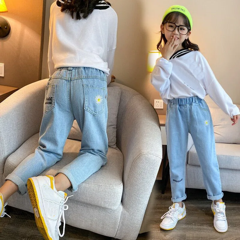 Cartoon Bear Girls Jeans Spring Autumn Children\'s Wear Girls\' Denim Trousers Teenage Kids Casual Loose Pants 2 4 6 8 10 12 Years