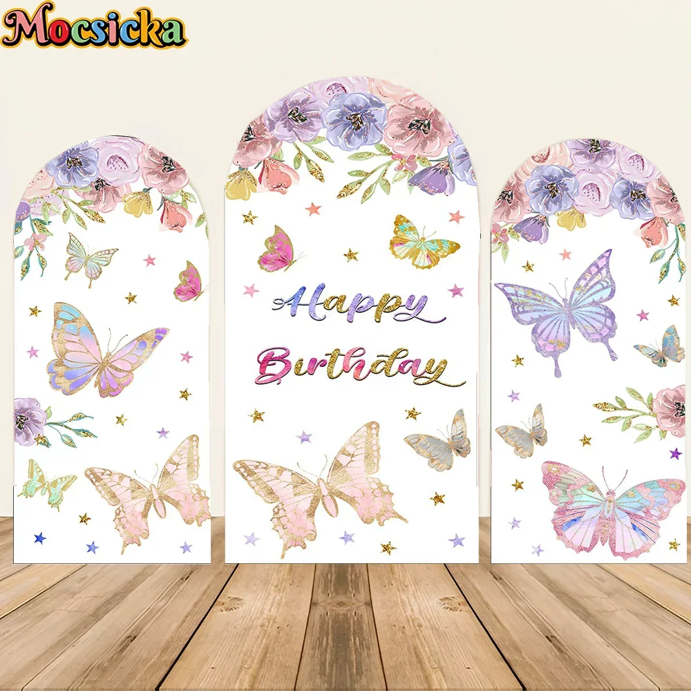 

Happy Birthday Arch Backdrop Cover Pink Blue Flowers Butterfly Girl 1 Year Party Decor Cake Table Portrait Photozone Background