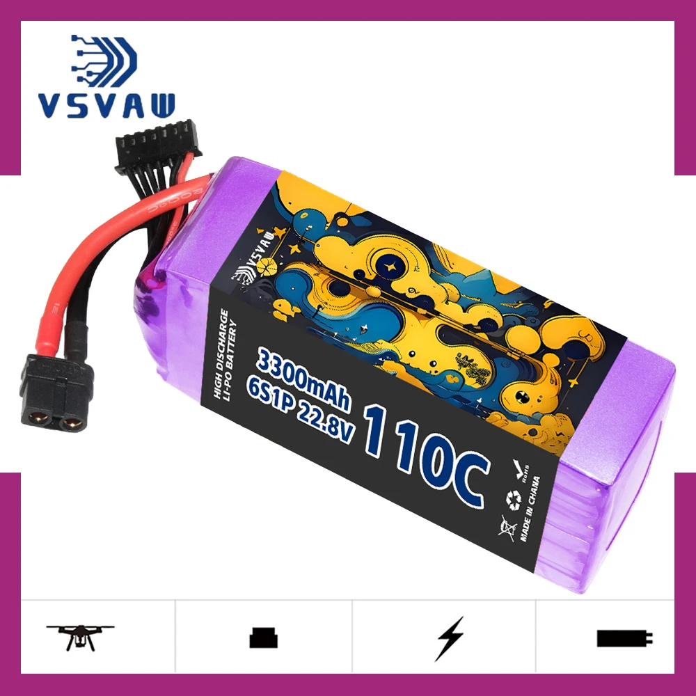 VSVAW 6S 22.8V 3300mAh 110C/220C Lipo Battery HV Mini Four Axis FPV Model Drone High Voltage High Rate Lithium ion Battery