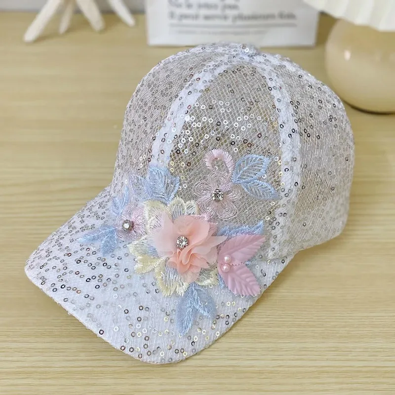 Summer Lace Mesh Sun Hat Breathable Sequins Baseball Cap Sunshade Versatile Duck Tongue Hat Hip-hop Hat Adjustable Rebound Cap