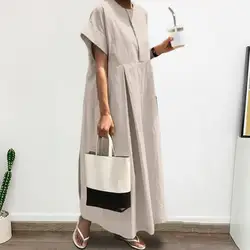 Cotton Linen Women Casual Dress Summer Vintage Maxi Dress O Neck Short Sleeves Women's Midi Dresses Loose Summer Long Dresses