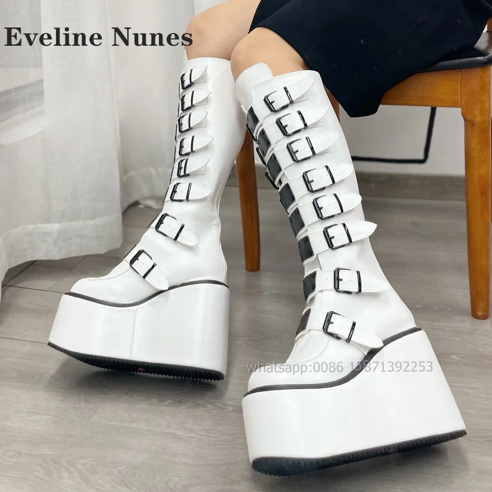 

Platform Belt Buckle Bicolor Booty Round Toe Height Increasing Patchwork Punk Knee High Boots Large Size Heavy Work Booties 2024