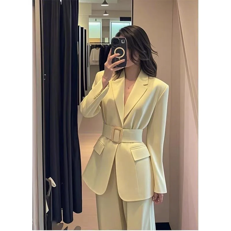 

2025 Spring Women's Yellow Belted Blazer Suit Set Office Work Pantsuit Chic Commuter Outfit