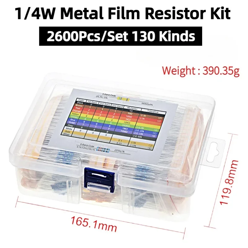 

2600Pcs/Set 130 Kinds 1/4W Metal Film Resistor Kit Boxed 0.25W Full Series Resistance Component Package 1-3M Ohm Resistors Types