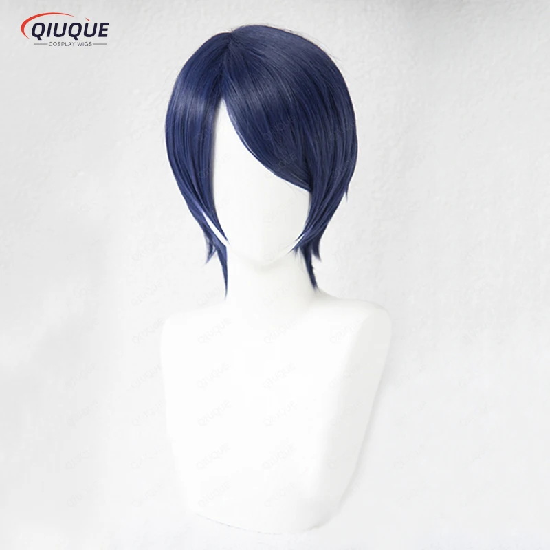 P5 Persona 5 Yusuke Kitagawa สั้นสีฟ้าผสม Cos ผมความร้อนความต้านทานคอสเพลย์ชุดวิกผม + หมวกวิกผมฟรี