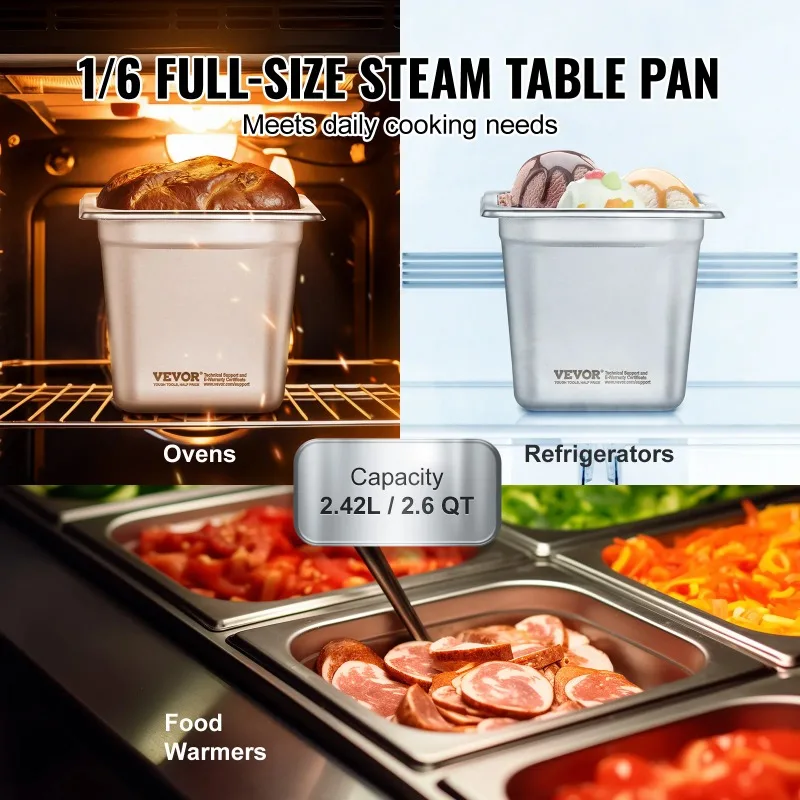 

【Premium】SucceBuy 6/8Pack Hotel Pans 4/6-Inch Deep Steam T le Pans 1/6 1/3 Full Size Chafing Pan 201 Stainless Steel Catering Fo