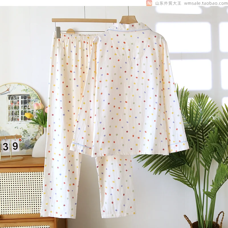 2pcs Women's Pajama Set Japanese Style Polka Dot 100% Cotton Double Layer Gauze Long Sleeve Lightweight Breathable Loungewear Sl