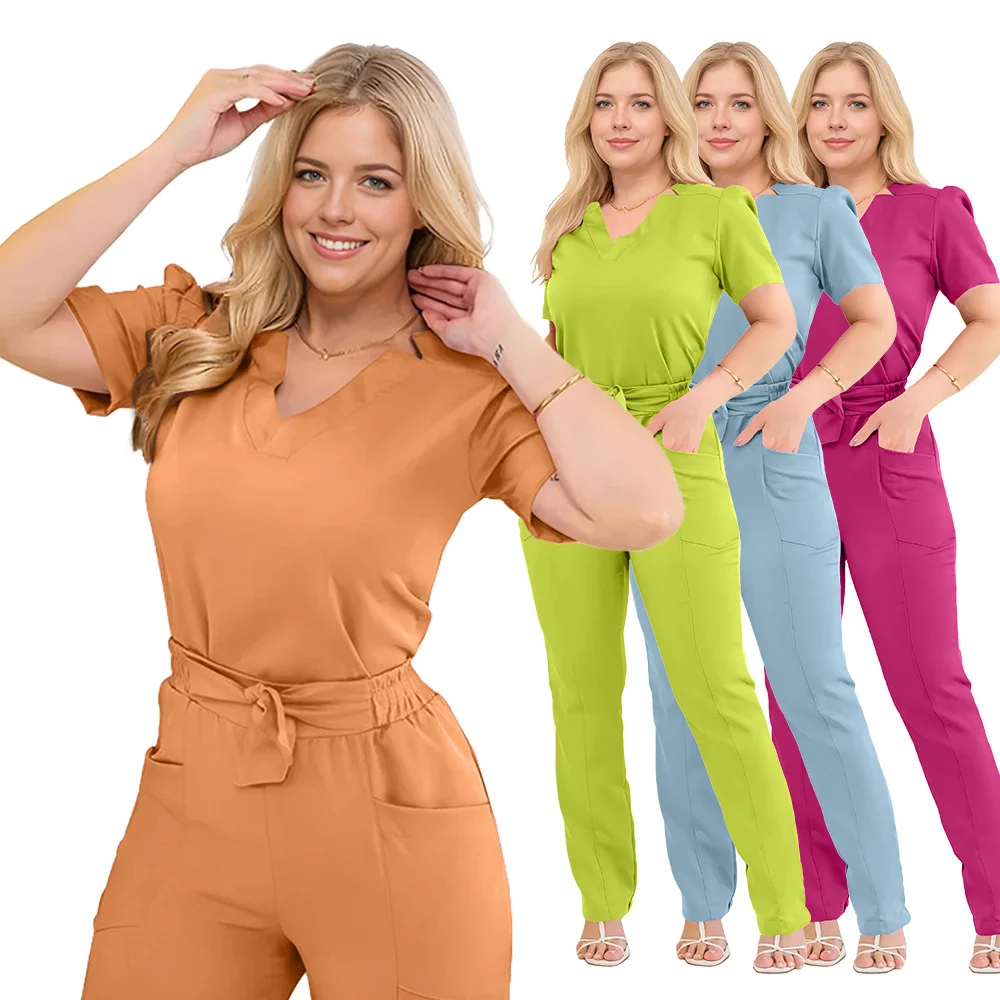 Women's Summer Bow Short Sleeved Straight Leg Pants Hospital Dental Clinic Work Clothes Nurse Clothes Hand Washing Clothes
