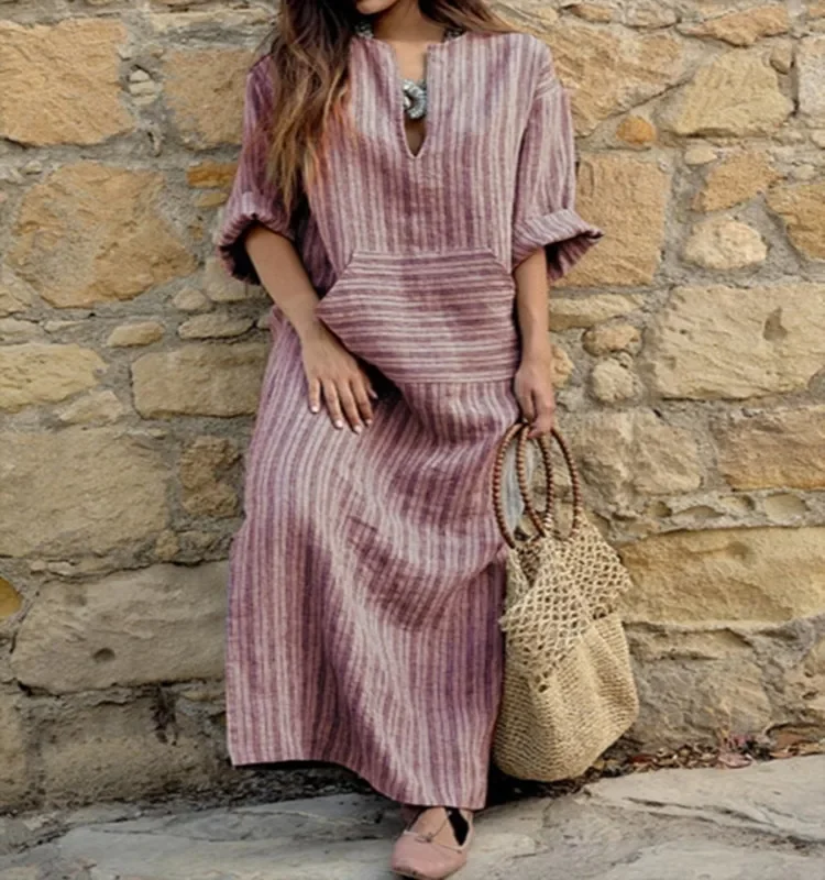 Summer Striped Y2k Long Dress Women Summer Loose Dresses Cotton High Waist Casual Long Sleeve Elegant Maxi Work Spring Vestidos