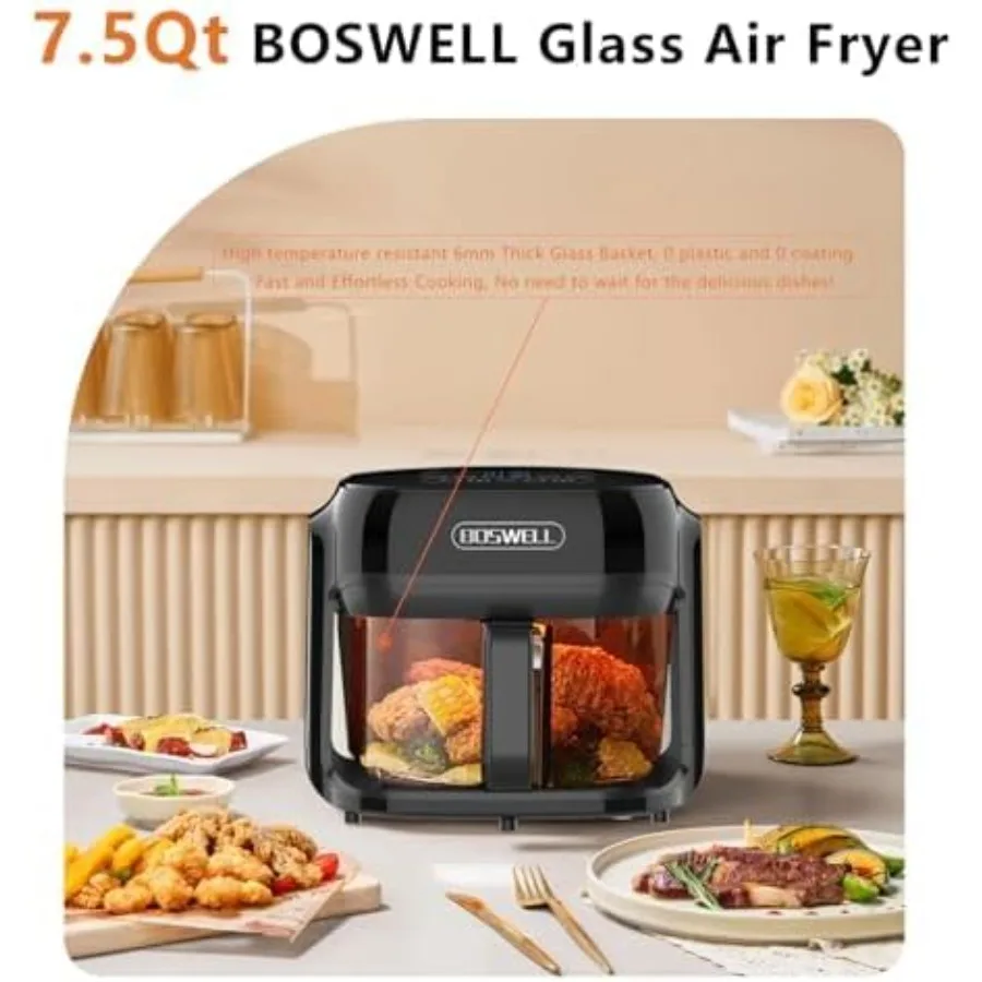Friggitrice ad aria in vetro 7,5QT con ciotola per friggere trasparente Riscaldamento circolante Controllo della temperatura Friggitrice ad aria Arrosto Lavabile in lavastoviglie