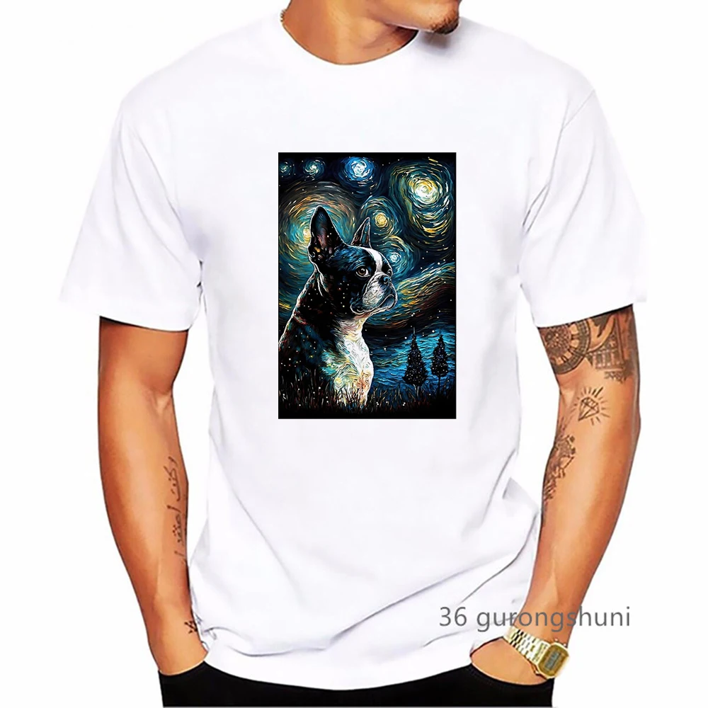 

Boston Terrier Art Starry Sky Print T Shirt Men Clothes 2023 Cool White B Is For Boston Tshirt Homme Summer Fashion T-Shirt